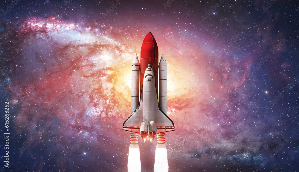 Wall mural space shuttle launch in outer space from earth. rocket in deep bright space. elements of this image 