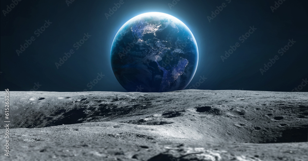 Poster moon and earth. moon with craters in deep black space. moonwalk. earth at night. elements of this im