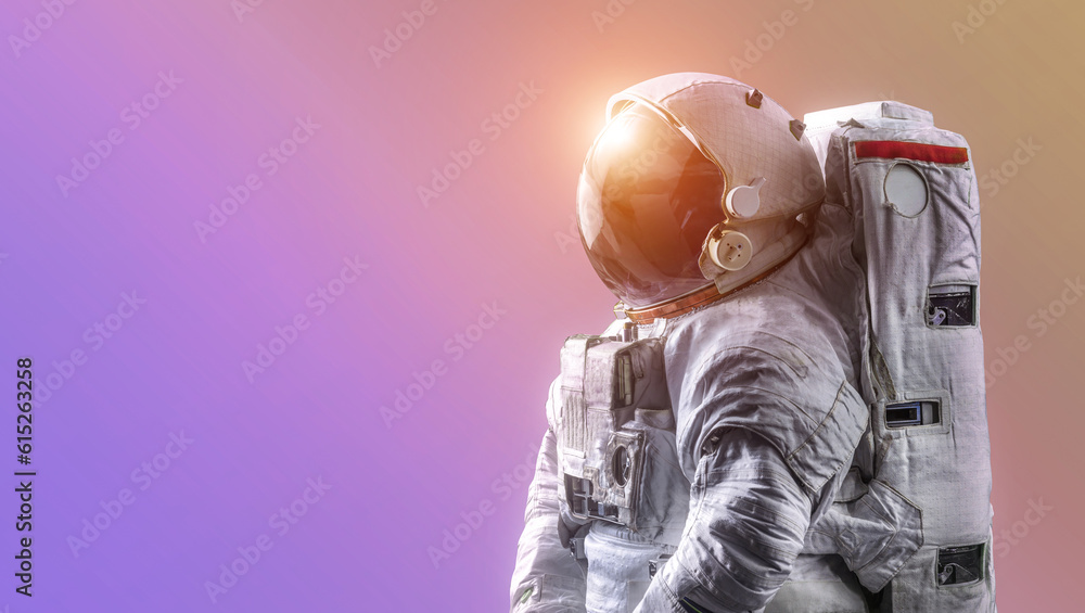 Poster astronaut isolated on neon gradient background. spaceman alone. sci-fi space wallpaper with bright l