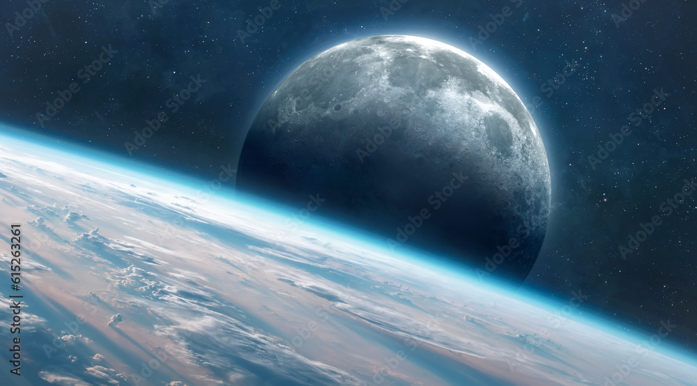 Poster Earth and full Moon on orbit. Planets in deep space. Moon surface. Elements of this image furnished by NASA