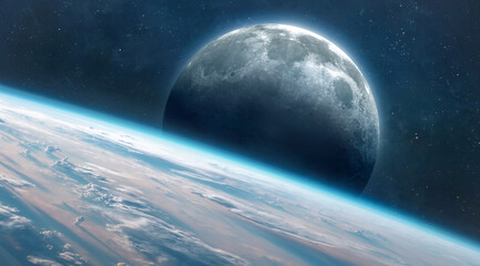 Earth and full Moon on orbit. Planets in deep space. Moon surface. Elements of this image furnished by NASA