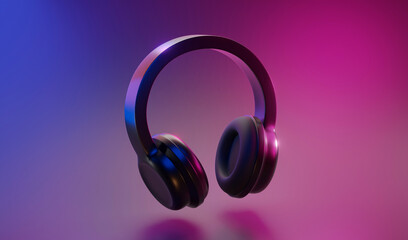 Headphones floating on isolated neon background. Wireless headphones concept. Earphones device