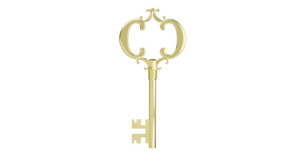 Golden antique key isolated on white and transparent background. Key concept. 3D render