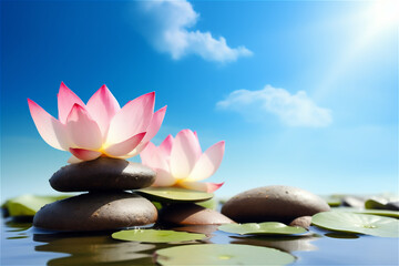 Obraz na płótnie Canvas lotus flower outside in water next to black stones on blue sky background. AI generated content