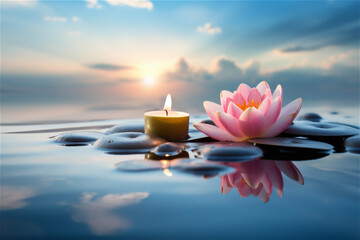lotus flower outside in water next to black stones and a litted candle on sandy beach background. AI generated content