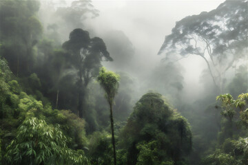 Aerial view of a rainforest tree tops with fog. AI generated content