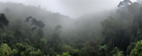 Aerial view of a rainforest tree tops with fog banner. AI generated content