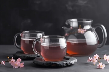 Obraz na płótnie Canvas tea cups and teapot next to sakura flowers. Japanese tea. AI generated content