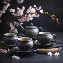 Obraz na płótnie Canvas tea cups and teapot next to sakura flowers. Japanese tea. AI generated content