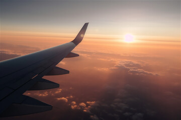 Fototapeta premium Passengers commercial airplane flying above clouds in sunset light. Concept of fast travel, holidays and business. AI generated content