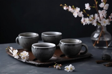 Fototapeta na wymiar tea cups next to sakura flowers. AI generated content