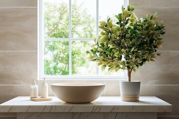 Fototapeta premium Beige bathroom with washbasin, window with view on a garden and stonework