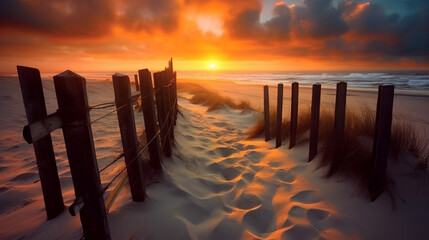 Sunset on a white sand beach with old wooden fence posts and footprints