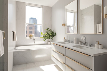 Fototapeta na wymiar Full of sun light white minimalistic bathroom with city view from window