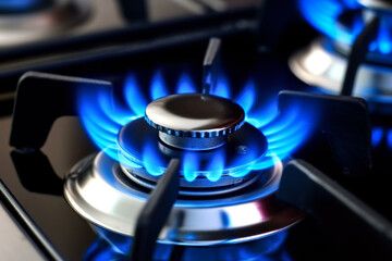 Blue kitchen gas stove flame in kitchen, black cast iron frame near, closeup detail. Generative AI