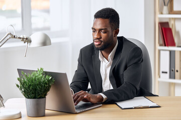 Obraz premium student man online african american office computer laptop job freelancer education person