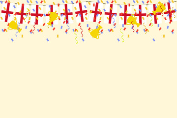 English flag bunting  garland. England celebration football sport champion match confetti, cap, ball, sky background banner. Vector illustration. Ceremony party parade, festival background .