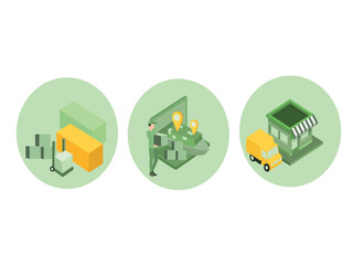 Vector Illustration of shipping On-time delivery Vehicles designed to carry large numbers of cargo. Global logistics network isometric illustration Icons set of sea cargo trucking rail transportation