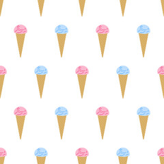 Seamless pattern with creamy ice creams in waffle cones