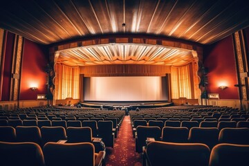 Fototapeta premium An atmospheric setting of an old - fashioned movie theater. The dimly lit auditorium, adorned with velvet drapes. Generative AI