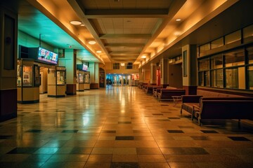 An establishing shot of a bustling movie theater lobby. Generative AI