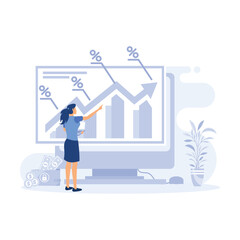 People analyzing financial graphs, charts, diagrams and other data. Characters investing money in stock market. flat modern vector illustration
