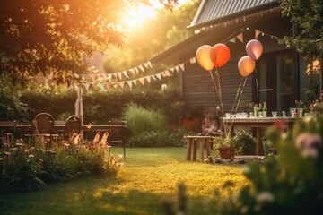 Atmospheric shot of a garden birthday party at sunset. Generative AI
