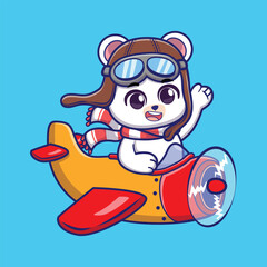 Cute bear in red scarf piloting plane