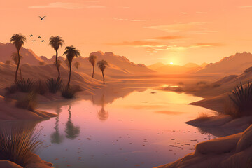 Tranquil desert oasis at sunset