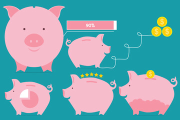 pink piggy bank with gold coins saving with goals and lots of money