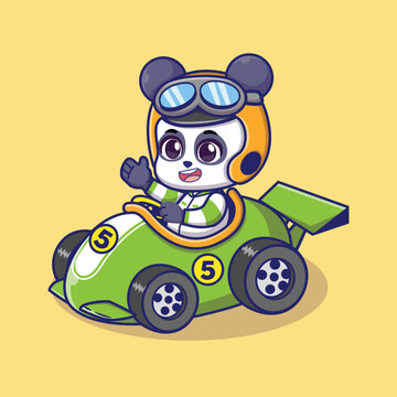 Cute panda driving racing car cartoon vector icon illustration