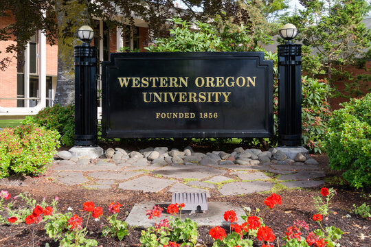 Monmouth, OR, USA - June 13, 2023; Western Oregon University sign at the Monmouth campus