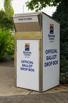 Corvallis, OR, USA - June 13, 2023; Benton County Election Official Ballot Drop Box In Corvallis Oregon