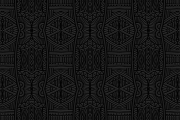 Embossed exotic black background, ethnic cover design. Geometric 3D pattern, press paper, leather. Boho, handmade. Tribal color, craftsmanship of the peoples of the East, Asia, India, Mexico, Aztec, P