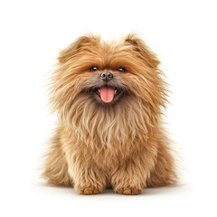 A very funny, fluffy, non-purebred dog isolated on white background. Brown fluffy dog.