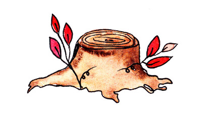 hand drawn watercolor and ink pen autumn stump and leaves