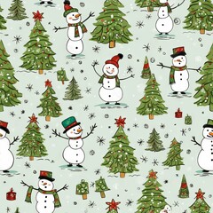 A seamless illustration of Christmas snowmen. Generative AI. 