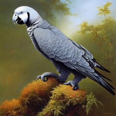 Obraz premium a painting of an African grey parrot perched on a branch, generative AI.