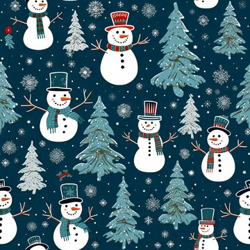 A seamless illustration of Christmas snowmen. Generative AI. 