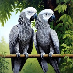 Fototapeta premium two African grey parrots are sitting on a branch in the jungle, generative AI.
