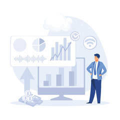 Characters saving money and analyzing financial report. Money savings and deposit growth concept. flat vector modern illustration
