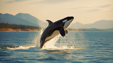 Orca Breaching in Alaska - obrazy, fototapety, plakaty