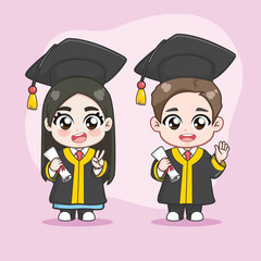 Cute student on graduation day cartoon illustration set boy and girl  01