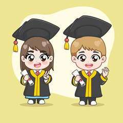 Cute student on graduation day cartoon illustration set boy and girl  03