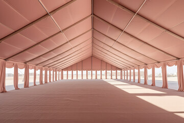 An empty pink tent is lined with curtains