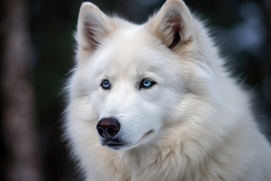 A white husky wolf with blue eyes