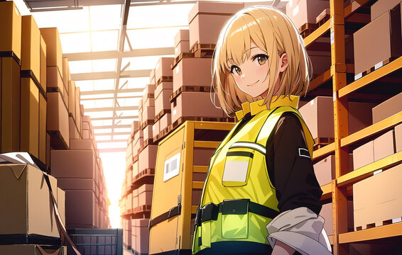 A girl worker in a warehouse. A handsome woman at work in the logistics industry. The loader at work. Generative AI.