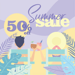 Summer sale discount poster with a couple relaxing at beach Vector illustration