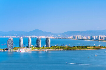Sanya Bay coastline and Phoenix Island skyline, Sanya, Hainan, China