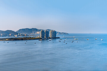 Sanya Bay coastline and Phoenix Island skyline, Sanya, Hainan, China